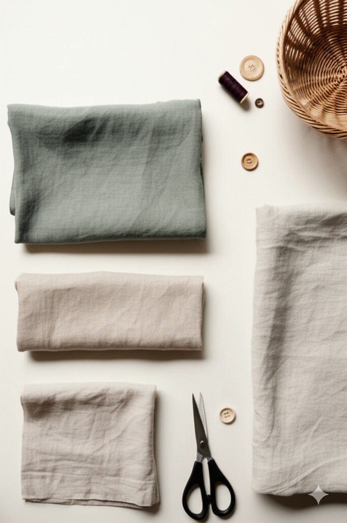 Natural fabrics like linen, cotton, hemp and sewing materials