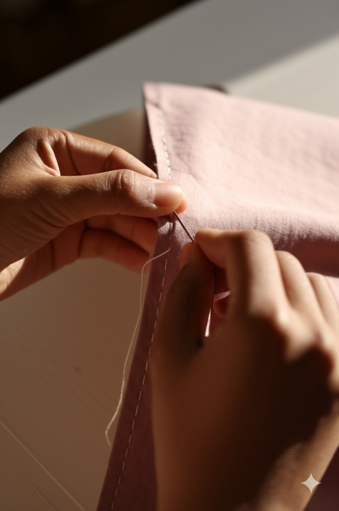 Hands carefully sewing natural fabric